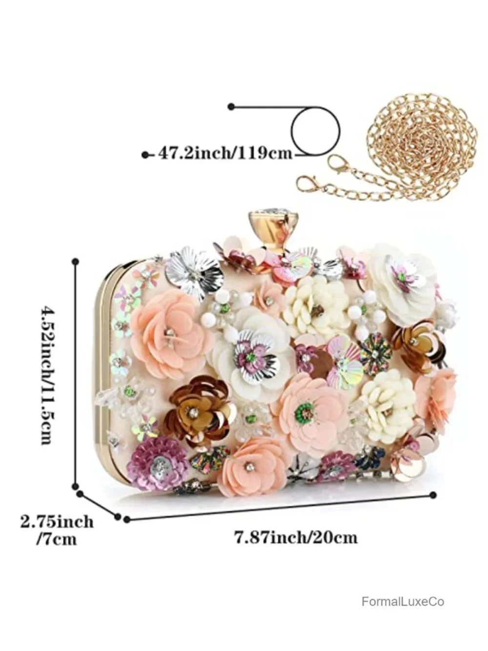 Sequins Evening Clutch Bag with Floral Rhinestones Detachable Chain